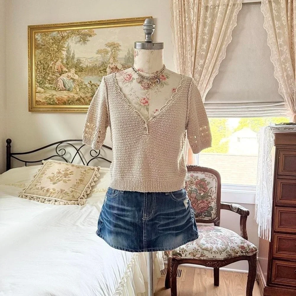 Boho‎ knit top  cream knit Free People size small crochet sweater top